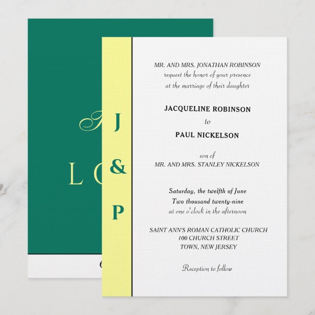 Minimalist Tropical Yellow Green Monogram  Invitation (Front/Back)