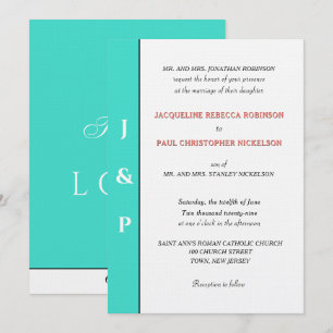 Minimalist Turquoise Coral Monogram Invitation