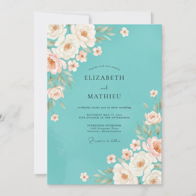 Minimalist Turquoise Peony Wedding Invitation (Front)