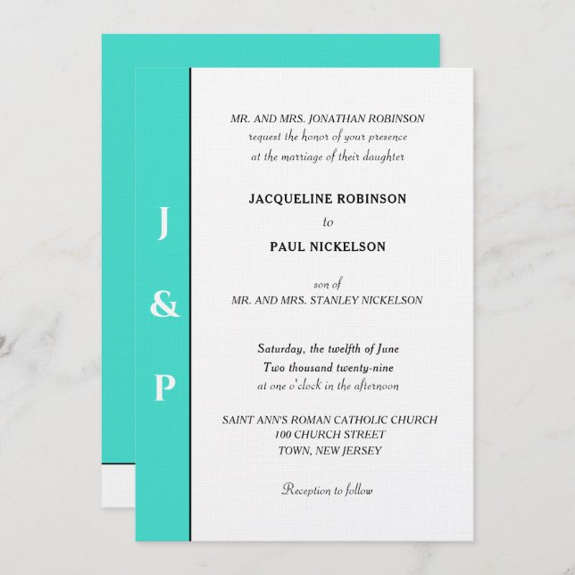 Minimalist Turquoise White Monogram  Invitation (Front/Back)