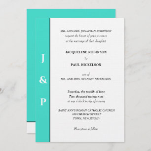 Minimalist Turquoise White Monogram  Invitation