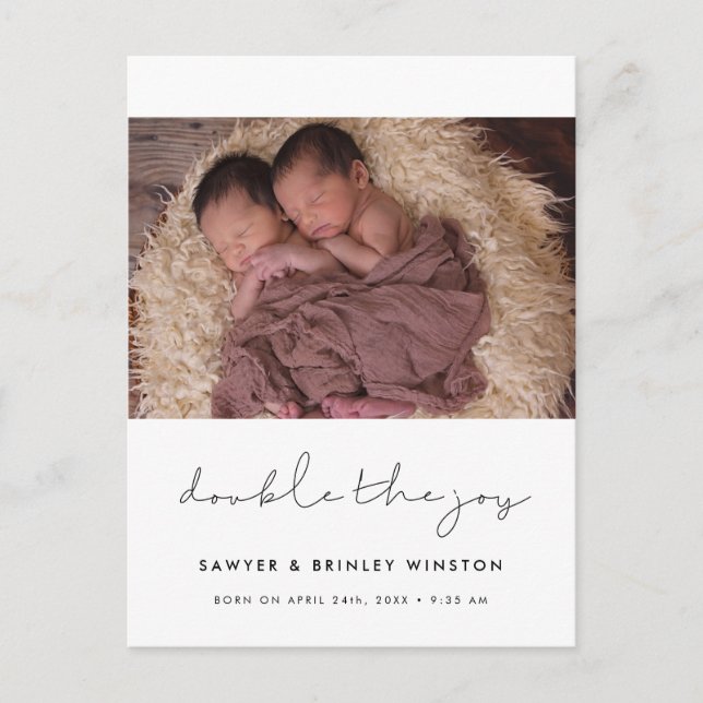 Minimalist Twin Birth Double the joy photo Postcard (Front)