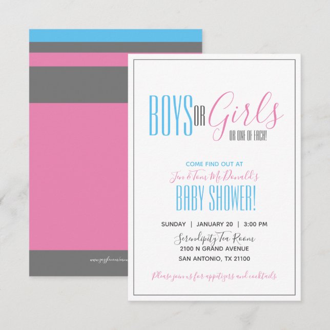 minimalist twin GENDER REVEAL baby PINK BLUE GRAY Invitation (Front/Back)