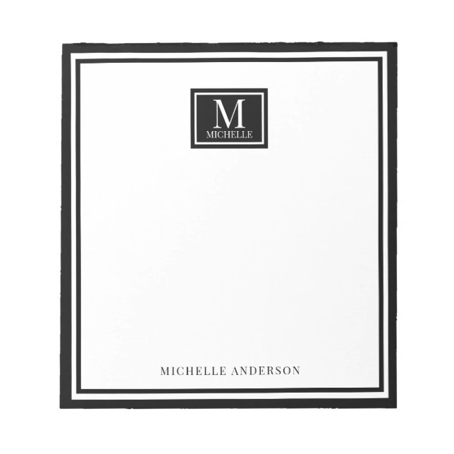 Minimalist Two Boarder Monogram Name Black White Notepad (Front)