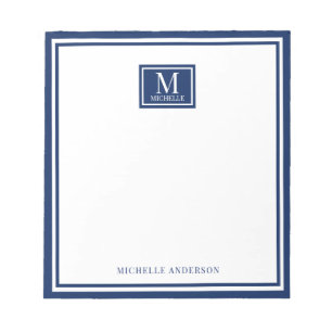 Minimalist Two Boarder Monogram Name Navy Blue Notepad