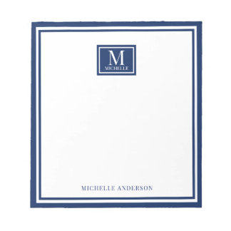 Minimalist Two Boarder Monogram Name Navy Blue Notepad