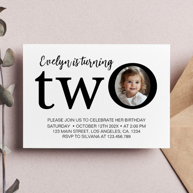Minimalist TWO Modern Birthday Photo Invitation (Creator Uploaded)