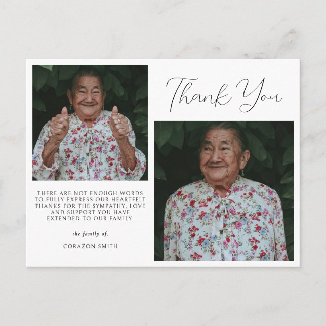 Minimalist Two Photo Sympathy Funeral Thank You Postcard (Front)