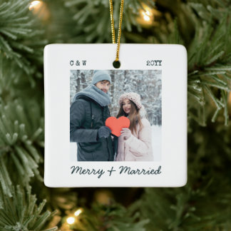 Minimalist Typewriter Married Merry Script Photo Ceramic Ornament