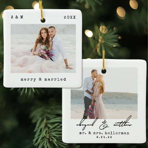 Minimalist Typewriter Merry And Married Photo Ceramic Ornament