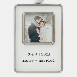 Minimalist Typewriter   Merry and Married Photo Silver Plated Framed Ornament