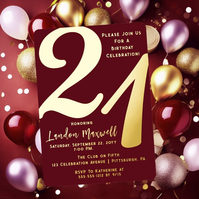 Minimalist Typography 21 21st Birthday Party (Elegant Minimalist Typography "21" 21st Birthday Party Burgundy and Gold Foil Invitation)