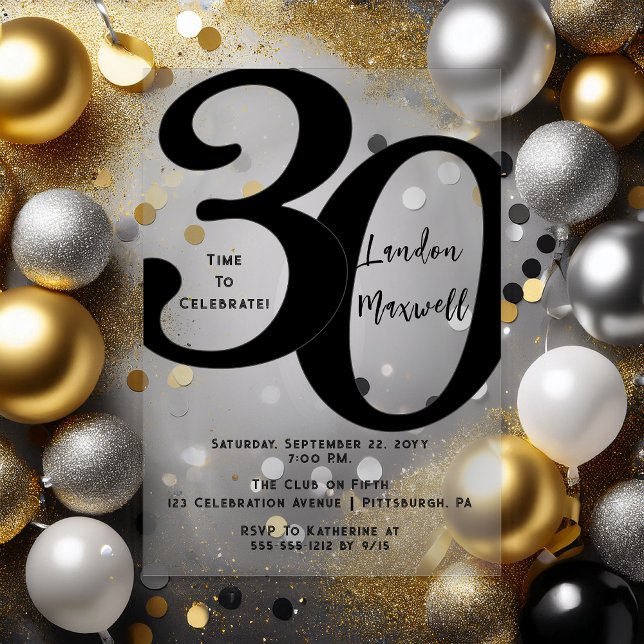 Minimalist Typography 30 30th Birthday Party Acrylic Invitations (Elegant Minimalist Typography "30" 30th Birthday Party Black and Clear Acrylic Invitation)