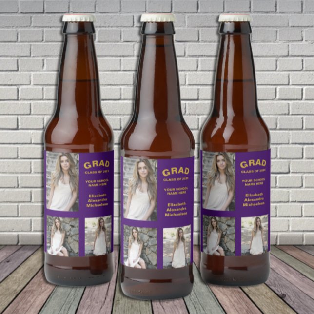 Minimalist Typography 3 Photo Graduation Beer Bottle Label (Creator Uploaded)