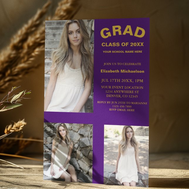 Minimalist Typography 3 Photo Graduation Invitation (Creator Uploaded)