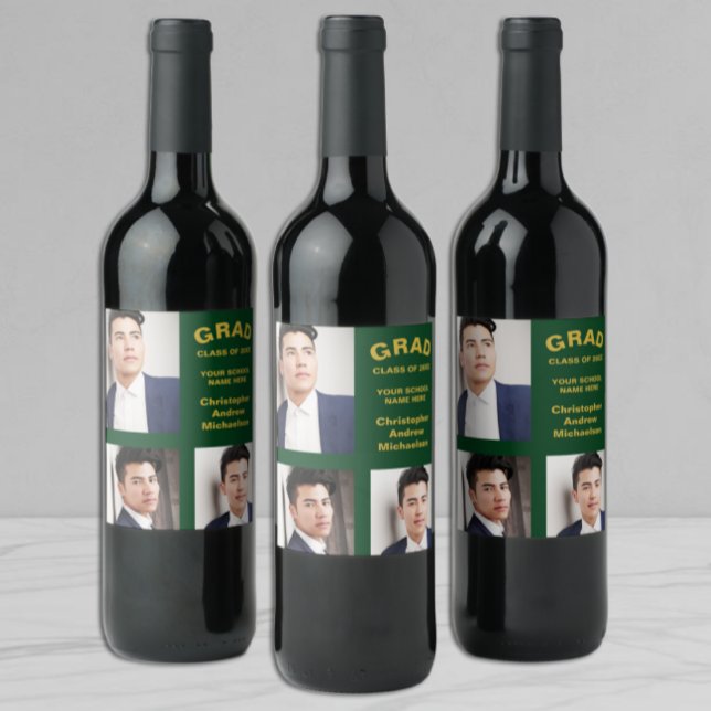 Minimalist Typography 3 Photo Graduation Wine Label (Creator Uploaded)