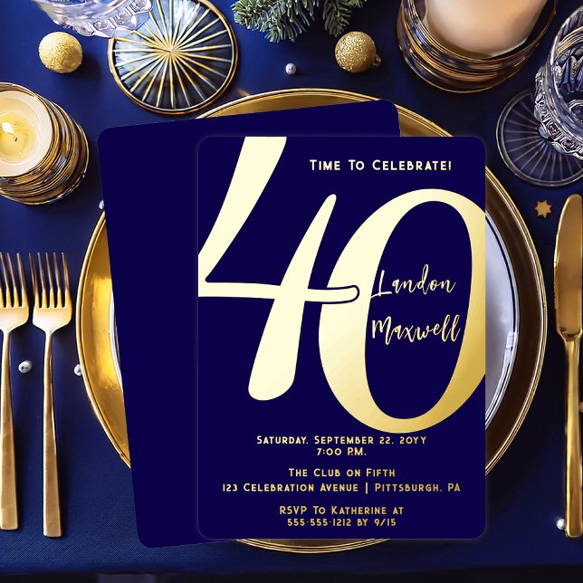 Minimalist Typography 40 40th Birthday Party (Elegant Minimalist Typography "40" 40th Birthday Party Dark Blue and Gold Foil Invitation)