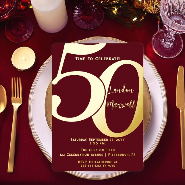 Minimalist Typography 50 50th Birthday Party (Elegant Minimalist Typography "50" 50th Birthday Party Burgundy and Gold Foil Invitation)