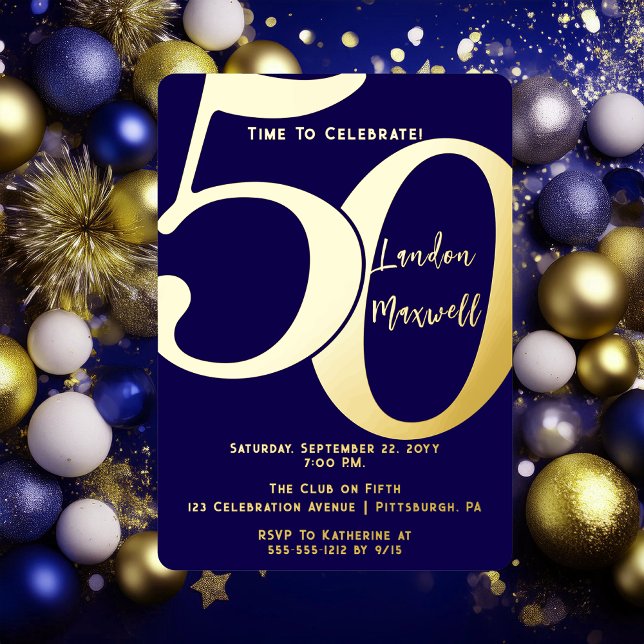Minimalist Typography 50 50th Birthday Party (Elegant Minimalist Typography "50" 50th Birthday Party Dark Blue and Gold Foil Invitation)