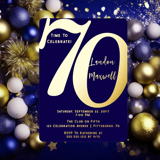 Minimalist Typography 70 70th Birthday Party (Elegant Minimalist Typography "70" 70th Birthday Party Dark Blue and Gold Foil Invitation)