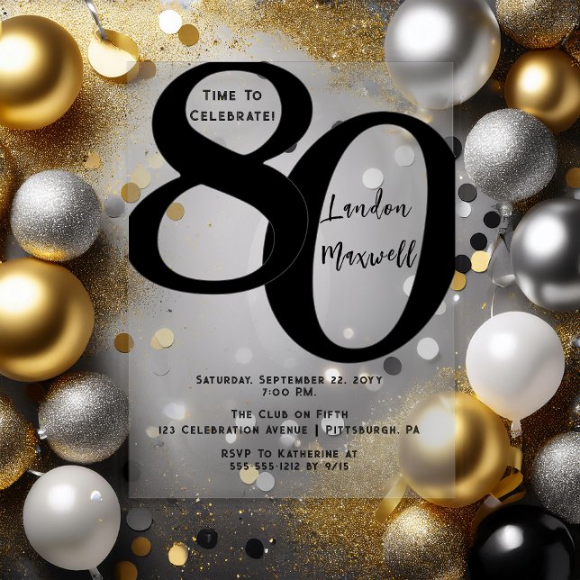 Minimalist Typography 80 80th Birthday Party Acrylic Invitations (Elegant Minimalist Typography "80" 80th Birthday Party Black and Clear Acrylic Invitation)
