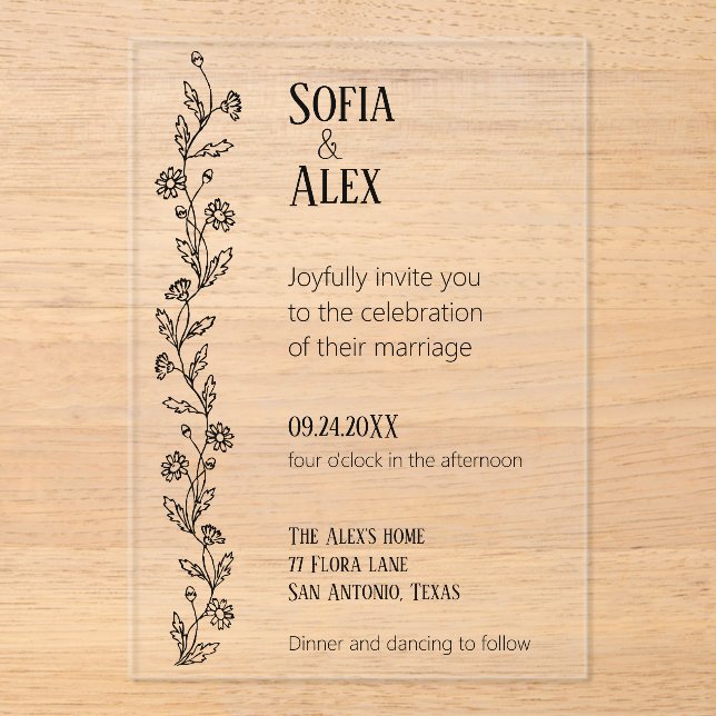 Minimalist  typography black wedding  acrylic invitations (Front)