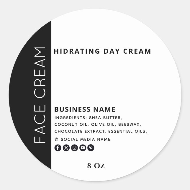 Minimalist typography black white face cream  classic round sticker (Front)
