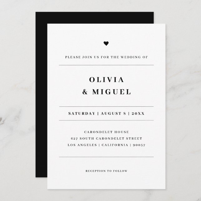 Minimalist Typography Black White Heart Wedding Invitation (Front/Back)