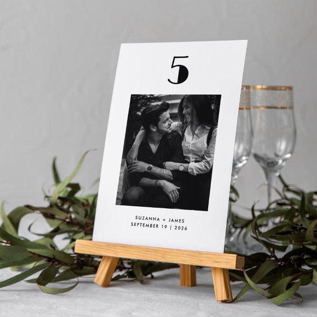 Minimalist Typography Black White Photo Wedding Table Number (Creator Uploaded)