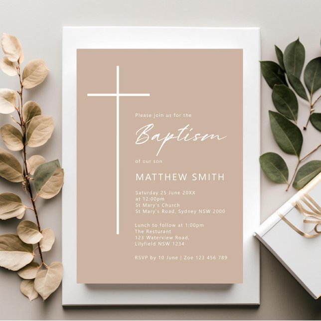 Minimalist Typography cross beige cream baptism Invitation (Creator Uploaded)