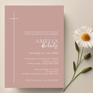 Minimalist Typography cross rose pink arch baptism Invitation