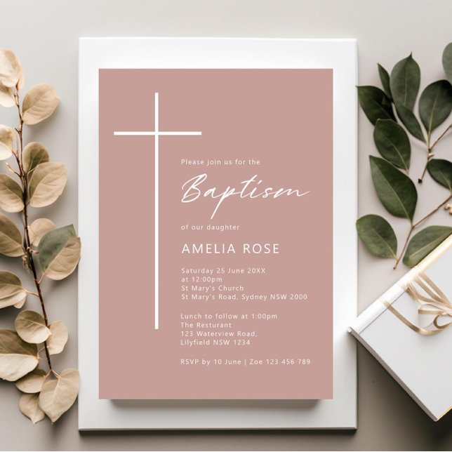 Minimalist Typography cross rose pink baptism Invitation (Creator Uploaded)