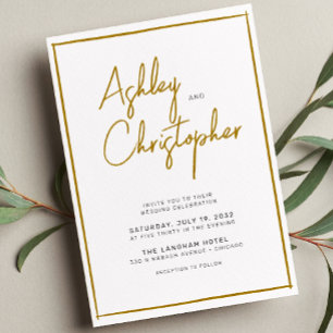 Minimalist Typography Script Gold & White Wedding Invitation
