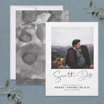 Minimalist Typography White Photo Save the Date<br><div class="desc">Fresh, Modern black and white Minimalist Hand lettered White Photo Save the Date Wedding Card. The front of the card features "Save the Date" in an ultra-modern, hand lettered script typography in black, below your engagement photo. Your photo is placed behind a white frame, with a square opening, so you...</div>