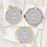 Minimalist Ultimate Grey Wedding Bride Groom Favou Classic Round Sticker<br><div class="desc">Simple, minimalist and chic Wedding design features bride & groom's names in a modern design with a double framed border in white on an ultimate grey background. The modern design is simple and chic. Personalise wedding details with your names in crisp white script. Be sure to see the collection link...</div>