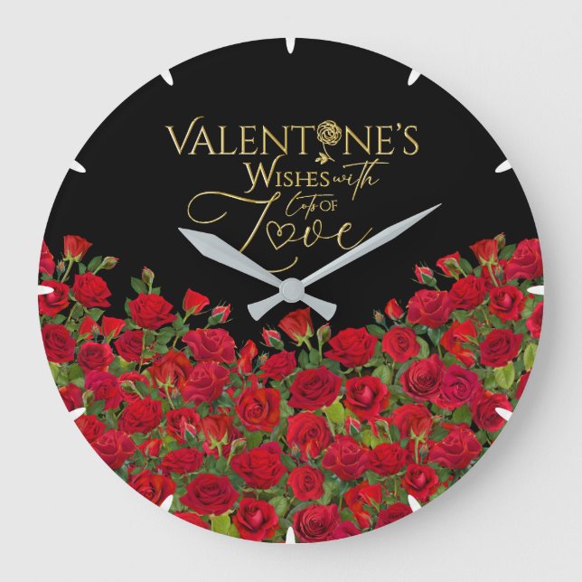Minimalist  Valentine’s Gold Calligraphy Roses Large Clock (Front)