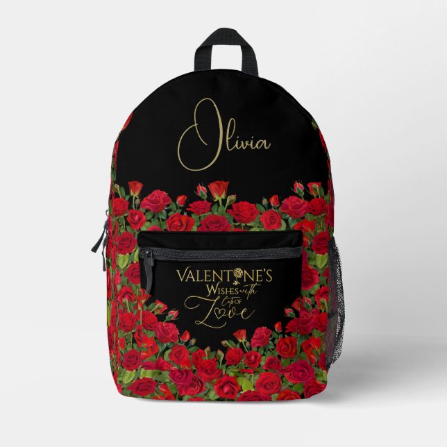 Minimalist  Valentine’s Gold Calligraphy Roses Printed Backpack (Front)