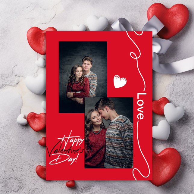 Minimalist Valentines Day Couple 2 Photo Red Holiday Card (Happy valentines Day 2 photo red card )