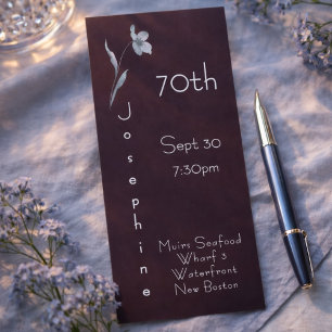 Minimalist Vertical Floral Plum Noir 70th Birthday Invitation