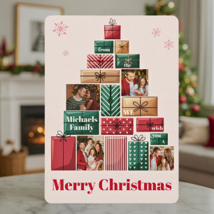 Minimalist Vintage Colorful Christmas Four Photo Holiday Card