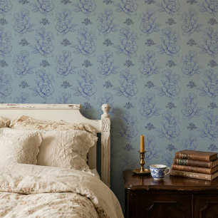 Minimalist Vintage Flower Pattern Soft Blue Wallpaper