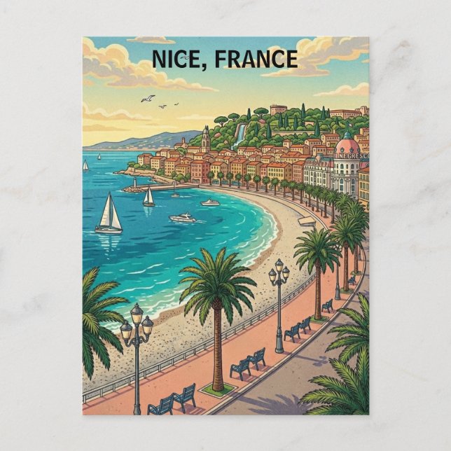 Minimalist Vintage Nice France Coastline Postcard (Front)
