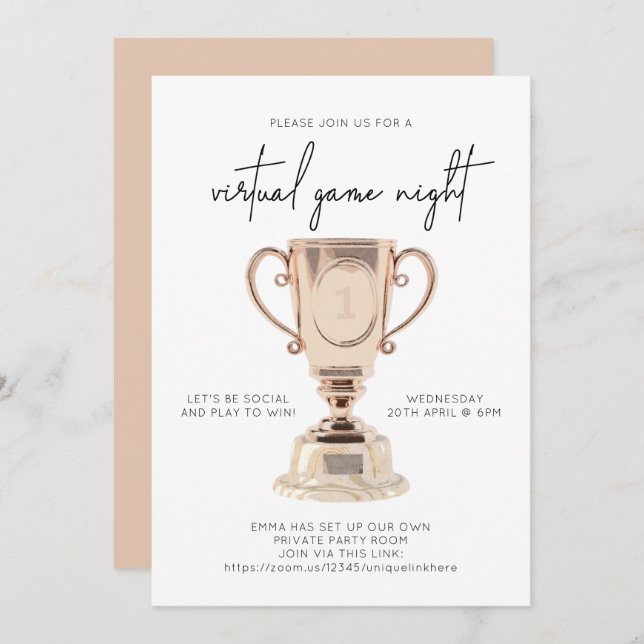Minimalist Virtual Game Night Peach Pink Trophy Invitation (Front/Back)