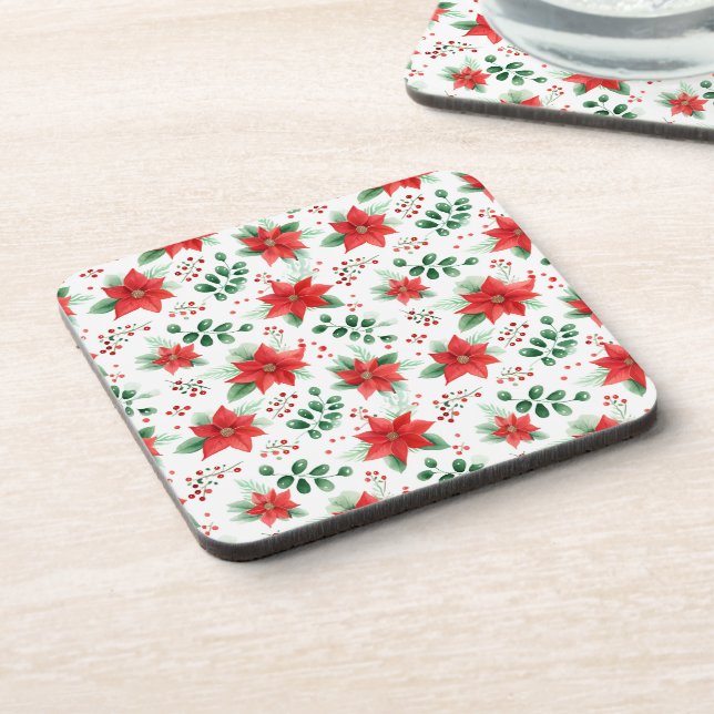 Minimalist Watercolor Botanical Poinsettia  Coaster (Left Side)