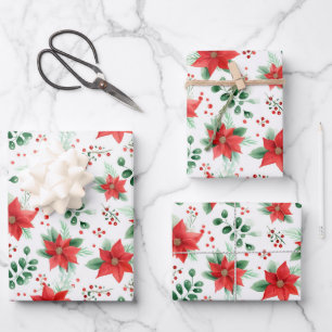 Minimalist Watercolor Botanical Poinsettia  Wrapping Paper Sheet