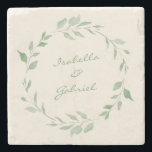 Minimalist Watercolor Botanical Wreath with Names Stone Coaster<br><div class="desc">Minimalist botanical watercolor wreath in green. Personalise it with your names. Great gift idea.</div>