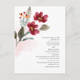 Minimalist Watercolor Burgundy Floral Wedding Invitation Postcard