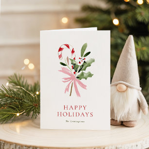 Minimalist Watercolor Candy Cane & Holly Folded Holiday Card