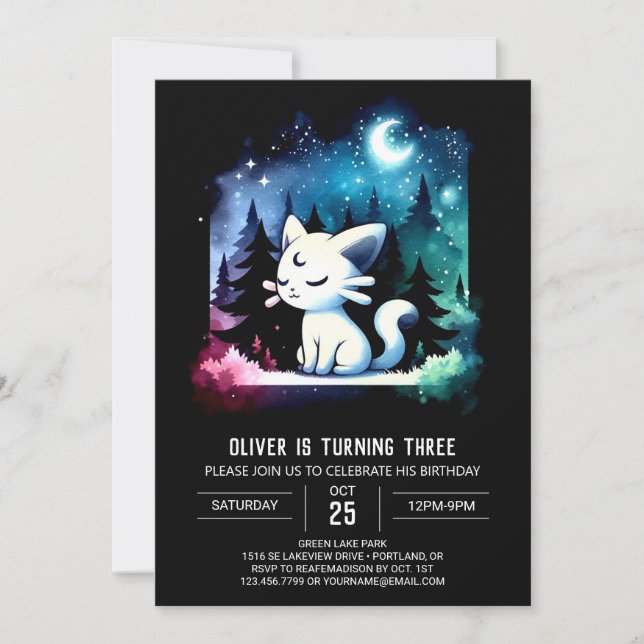 Minimalist Watercolor Cat Birthday Invitation (Front)
