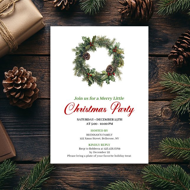 Minimalist Watercolor Christmas Wreath Party Invitation (Minimalist Watercolor Christmas Wreath Party)